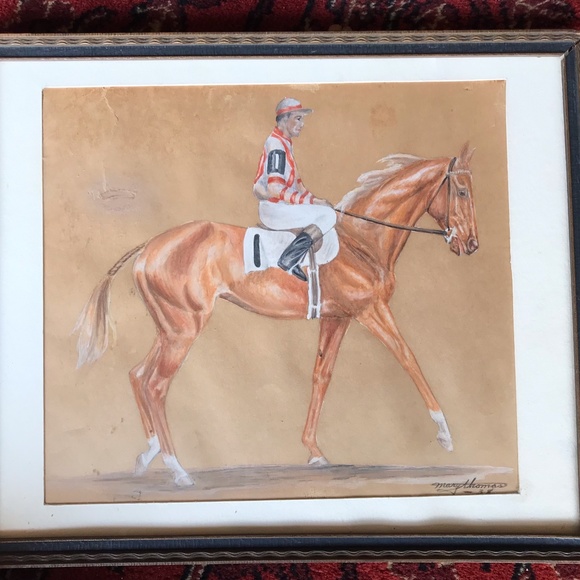 MARY ALICE LEITH THOMAS (Artist) Watercolor Horse & Jockey Derby Equestr… - Picture 3 of 6